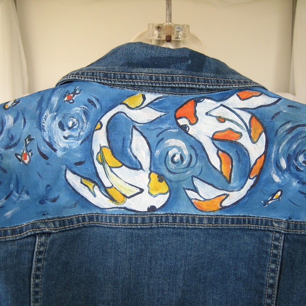 Women's Jean Jacket Painted  Koi On Back
